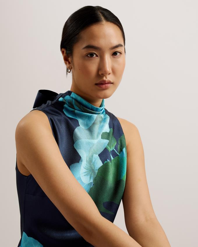 Sukienka Damskie Ted Baker High Neck Floral Satin Slip Granatowe Polska | PL-KBZMJ9645
