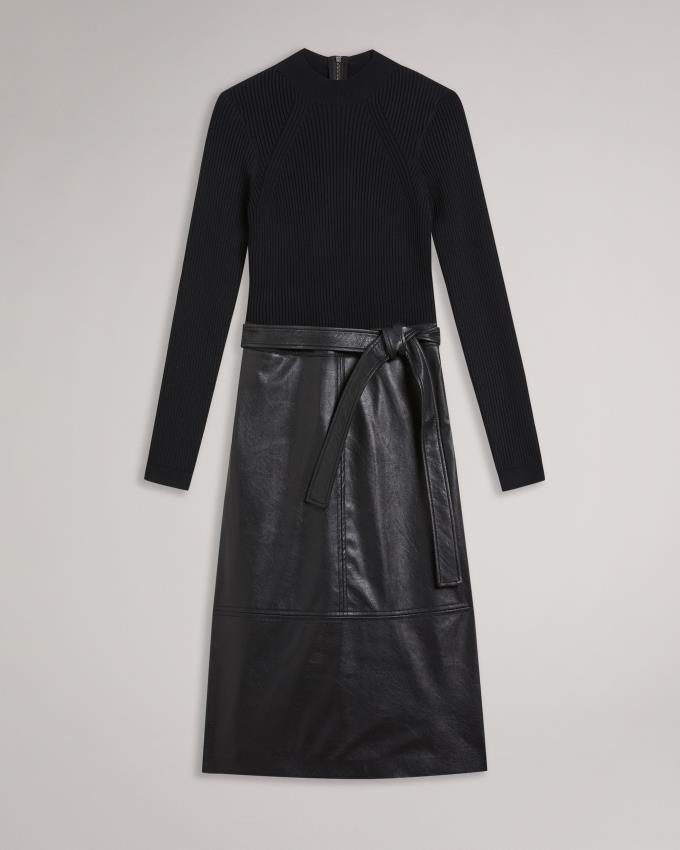 Sukienka Damskie Ted Baker Knit Bodice Midi With Faux Leather Czarne Polska | PL-ABXSV2847