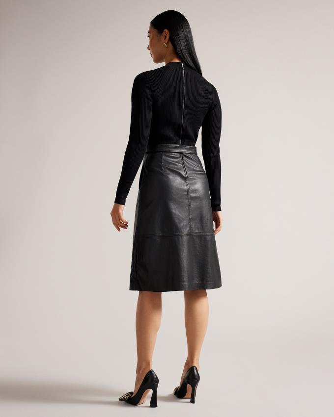 Sukienka Damskie Ted Baker Knit Bodice Midi With Faux Leather Czarne Polska | PL-ABXSV2847