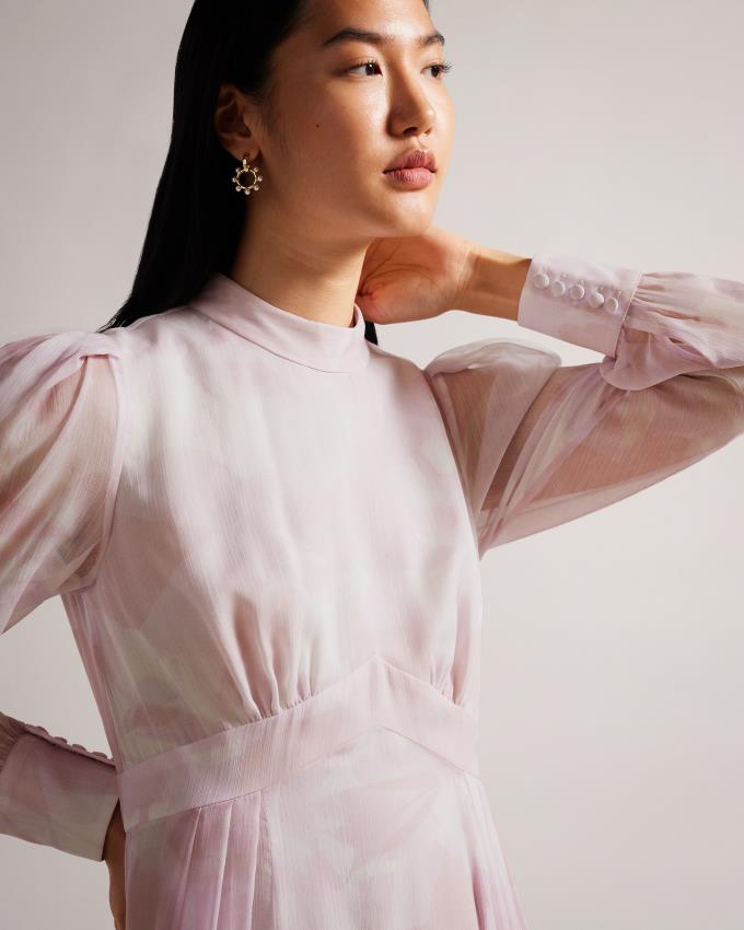 Sukienka Damskie Ted Baker Long Sleeve Maxi With Blouson Sleeve Różowe Polska | PL-XSKTV8543