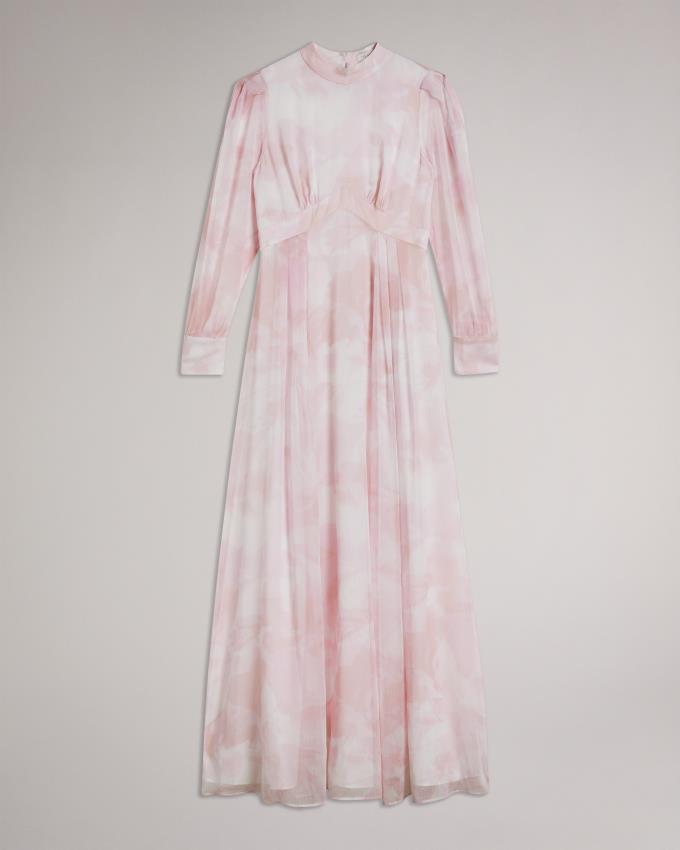 Sukienka Damskie Ted Baker Long Sleeve Maxi With Blouson Sleeve Różowe Polska | PL-XSKTV8543