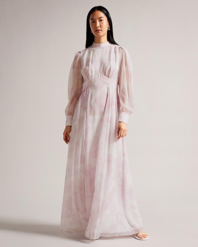 Sukienka Damskie Ted Baker Long Sleeve Maxi With Blouson Sleeve Różowe Polska | PL-XSKTV8543