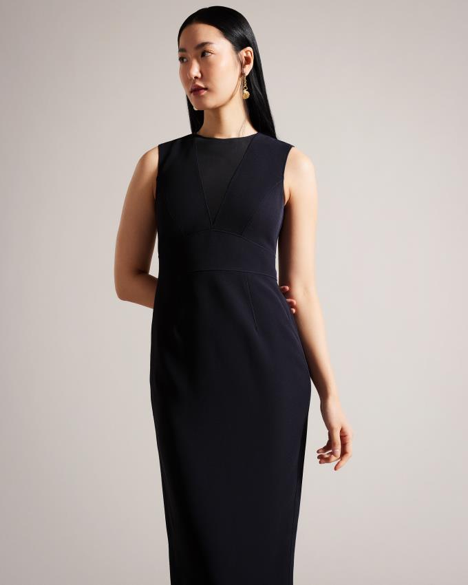 Sukienka Damskie Ted Baker Midi Bodycon With Sheer V-Neck Granatowe Polska | PL-EKGMS2958