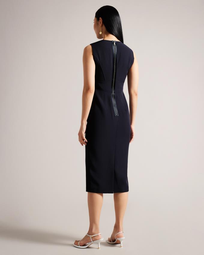 Sukienka Damskie Ted Baker Midi Bodycon With Sheer V-Neck Granatowe Polska | PL-EKGMS2958