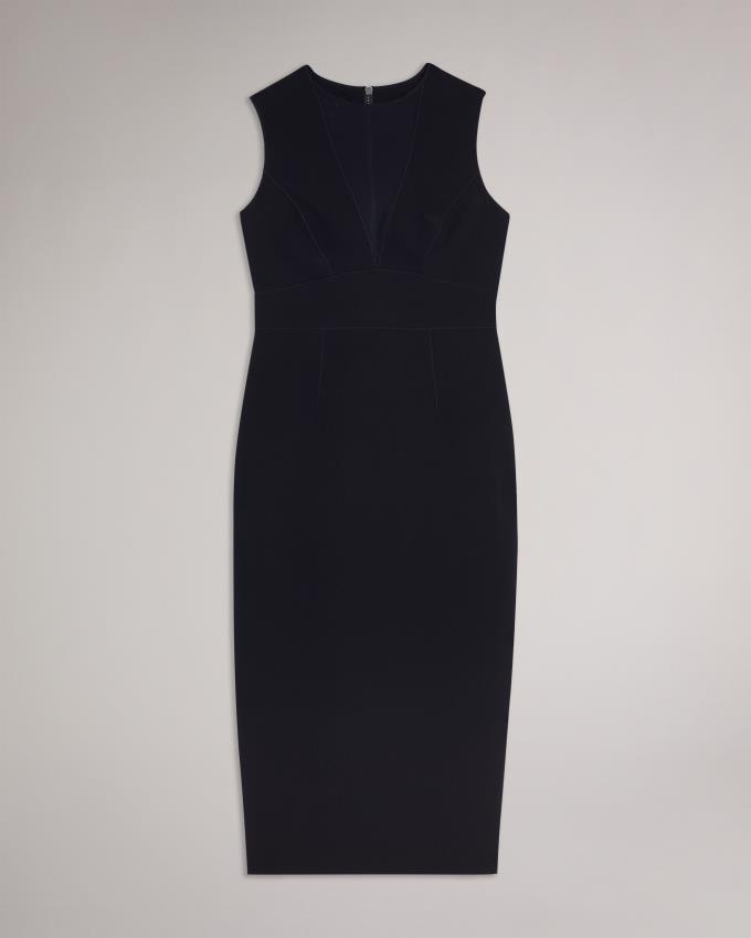 Sukienka Damskie Ted Baker Midi Bodycon With Sheer V-Neck Granatowe Polska | PL-EKGMS2958