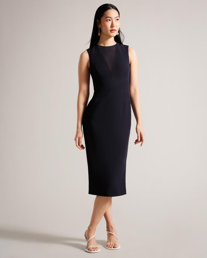 Sukienka Damskie Ted Baker Midi Bodycon With Sheer V-Neck Granatowe Polska | PL-EKGMS2958