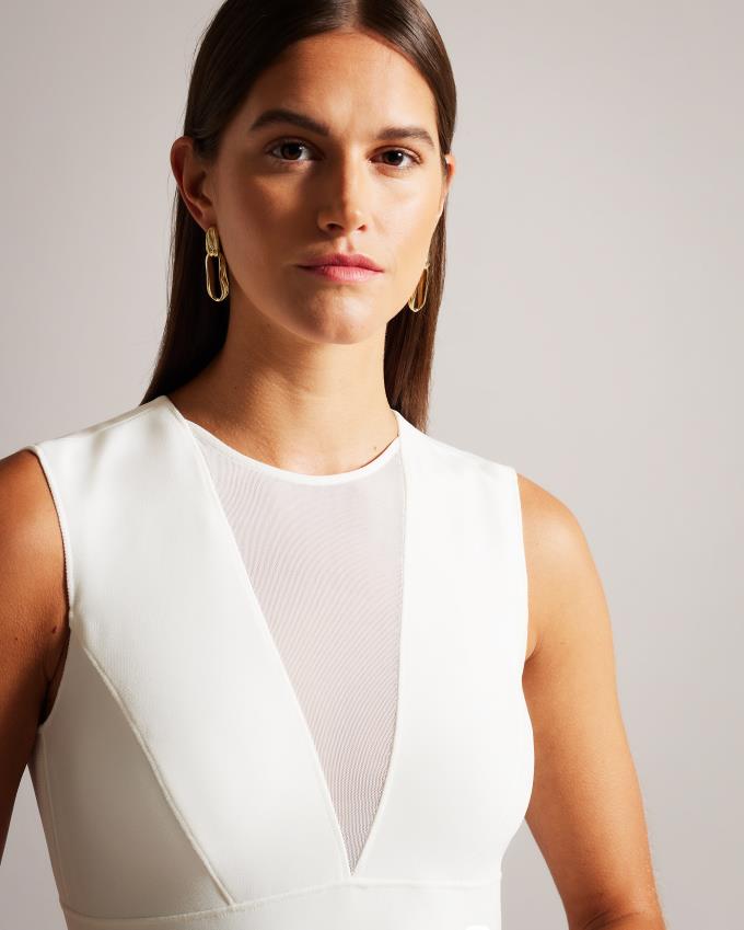 Sukienka Damskie Ted Baker Midi Bodycon With Sheer V-Neck Białe Polska | PL-FNGRL4951