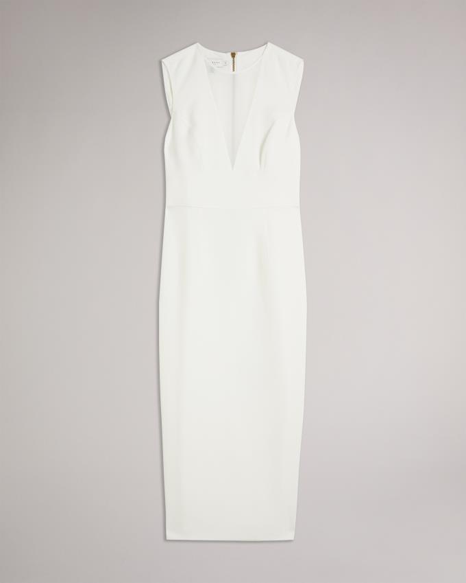 Sukienka Damskie Ted Baker Midi Bodycon With Sheer V-Neck Białe Polska | PL-FNGRL4951