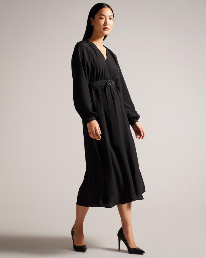 Sukienka Damskie Ted Baker Midi With Belted Waist Czarne Polska | PL-MSKCX3756