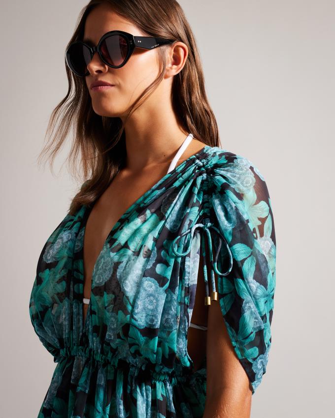 Sukienka Damskie Ted Baker Mini Floral Plunge Neck Cover Up Czarne Polska | PL-FHRGI4987