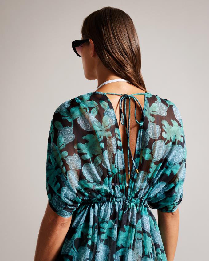 Sukienka Damskie Ted Baker Mini Floral Plunge Neck Cover Up Czarne Polska | PL-FHRGI4987