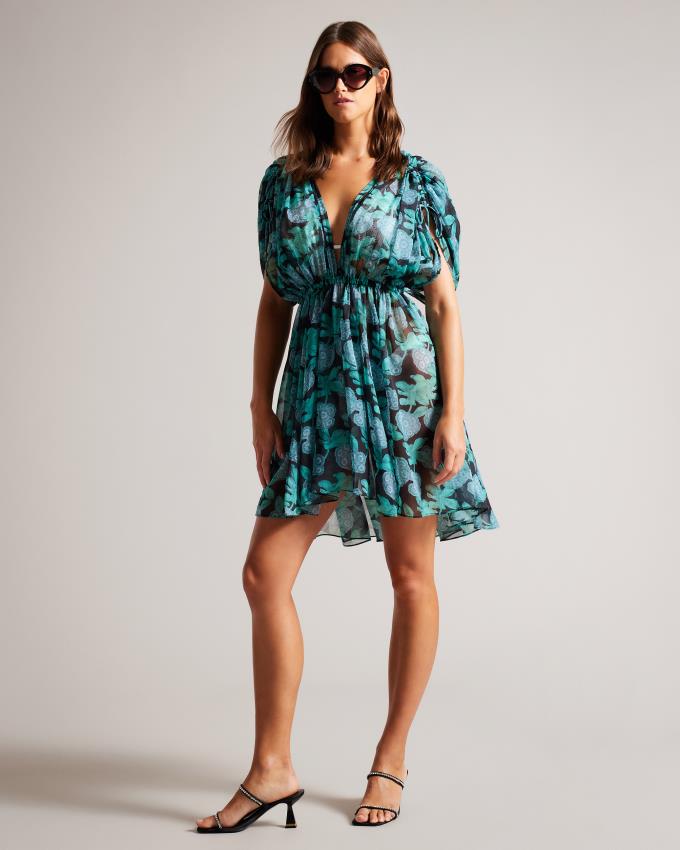 Sukienka Damskie Ted Baker Mini Floral Plunge Neck Cover Up Czarne Polska | PL-FHRGI4987