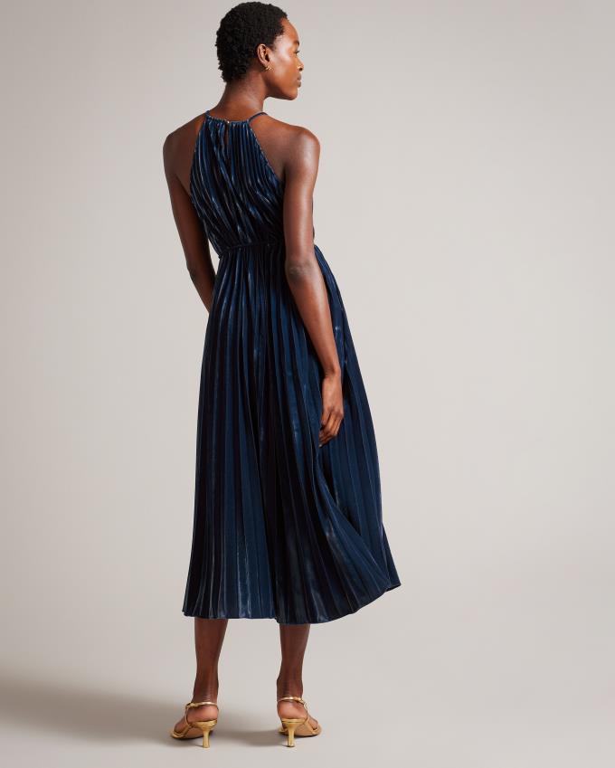 Sukienka Damskie Ted Baker Pleated Halterneck Midi Granatowe Polska | PL-YIZFH7184