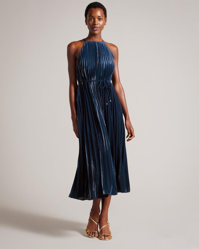 Sukienka Damskie Ted Baker Pleated Halterneck Midi Granatowe Polska | PL-YIZFH7184