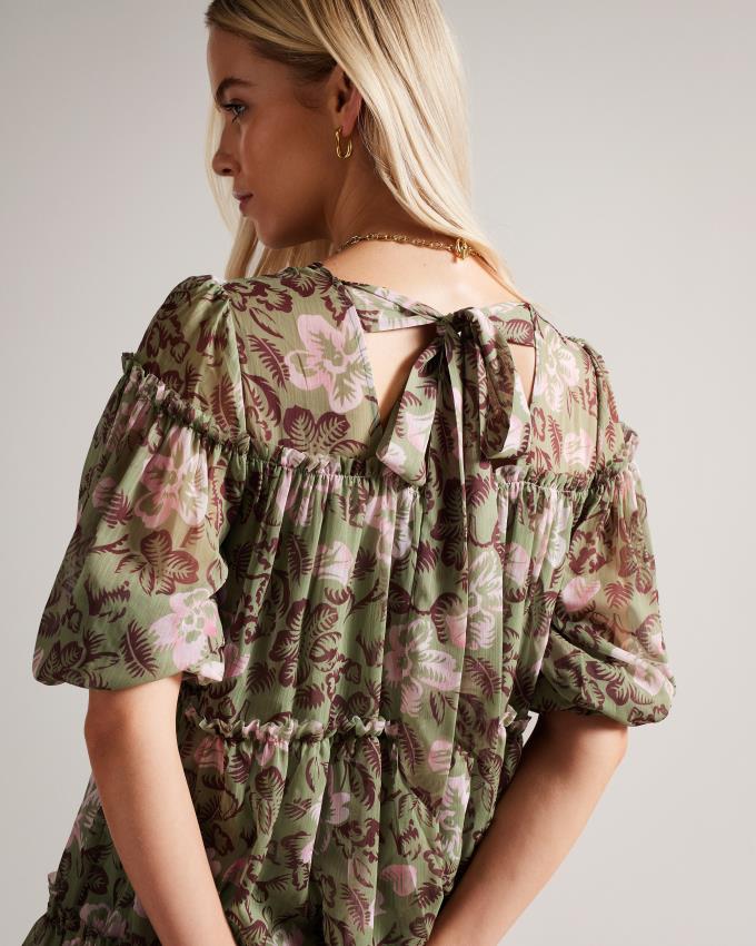 Sukienka Damskie Ted Baker Printed Georgettered Swing Khaki Polska | PL-WSBOH4857