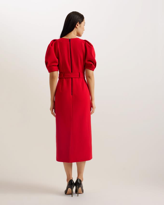 Sukienka Damskie Ted Baker Puff Sleeve Midi With Belt Czerwone Polska | PL-UKVAY5961
