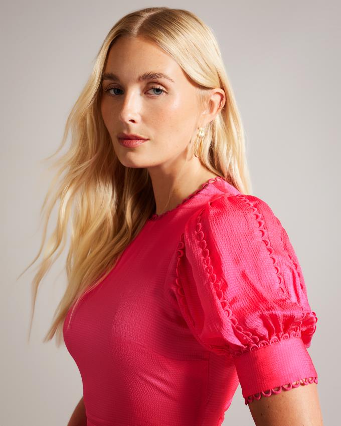 Sukienka Damskie Ted Baker Puff Sleeve Midi Tea Głęboka Różowe Polska | PL-KHCWP7904
