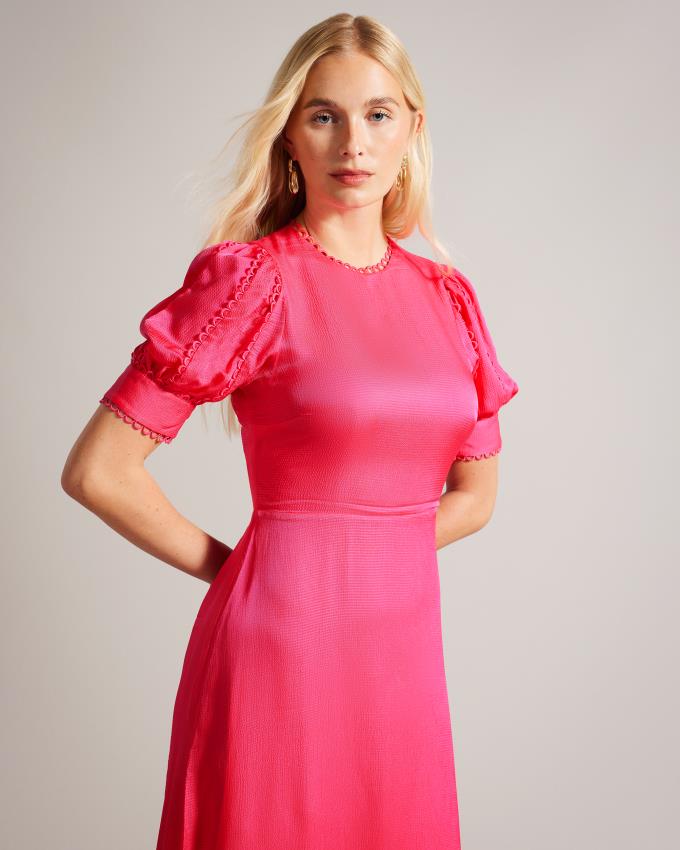 Sukienka Damskie Ted Baker Puff Sleeve Midi Tea Głęboka Różowe Polska | PL-KHCWP7904