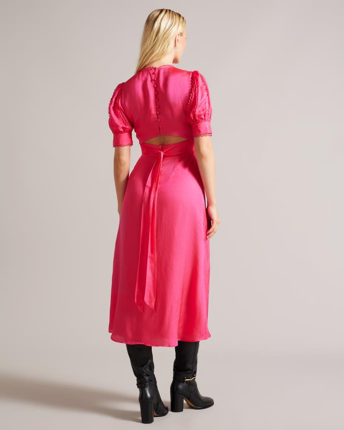 Sukienka Damskie Ted Baker Puff Sleeve Midi Tea Głęboka Różowe Polska | PL-KHCWP7904