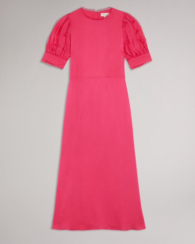 Sukienka Damskie Ted Baker Puff Sleeve Midi Tea Głęboka Różowe Polska | PL-KHCWP7904