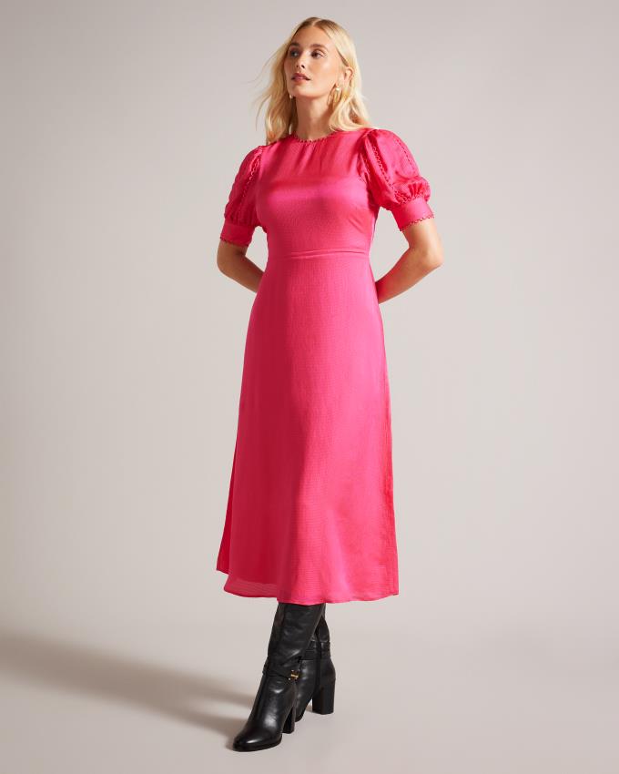 Sukienka Damskie Ted Baker Puff Sleeve Midi Tea Głęboka Różowe Polska | PL-KHCWP7904