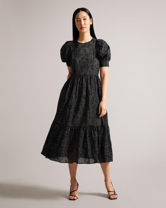 Sukienka Damskie Ted Baker Puff Sleevered Maxi Czarne Polska | PL-VJPGA7893