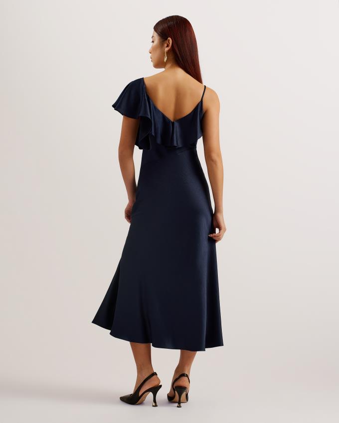 Sukienka Damskie Ted Baker Ruffle Neck Satin Midi Slip Granatowe Polska | PL-GJPRI0742