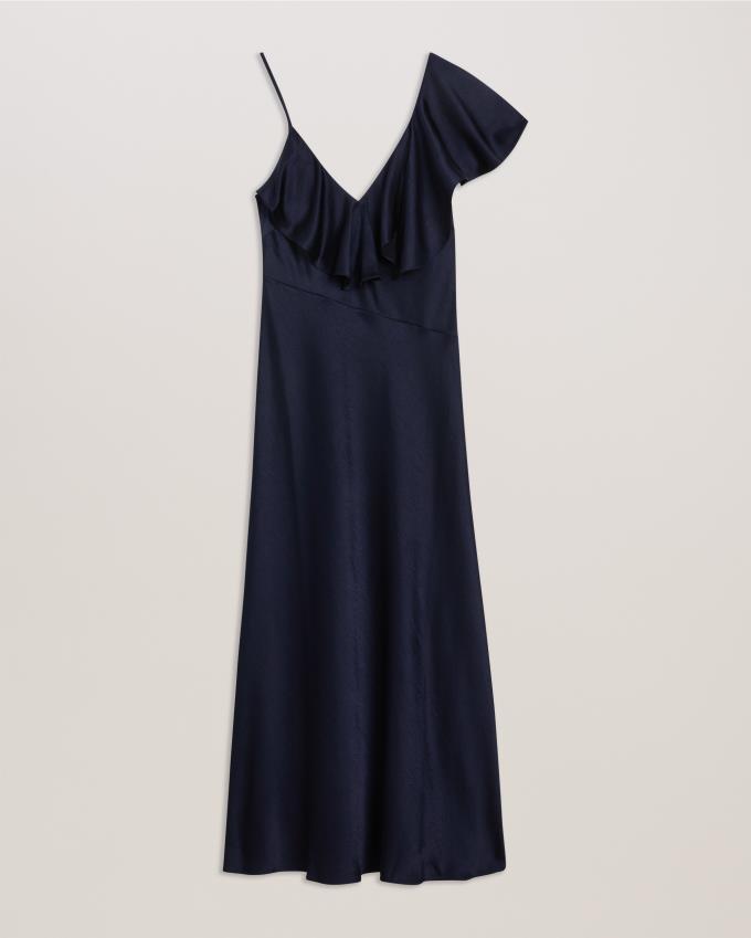 Sukienka Damskie Ted Baker Ruffle Neck Satin Midi Slip Granatowe Polska | PL-GJPRI0742
