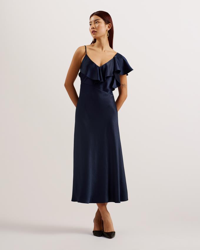 Sukienka Damskie Ted Baker Ruffle Neck Satin Midi Slip Granatowe Polska | PL-GJPRI0742