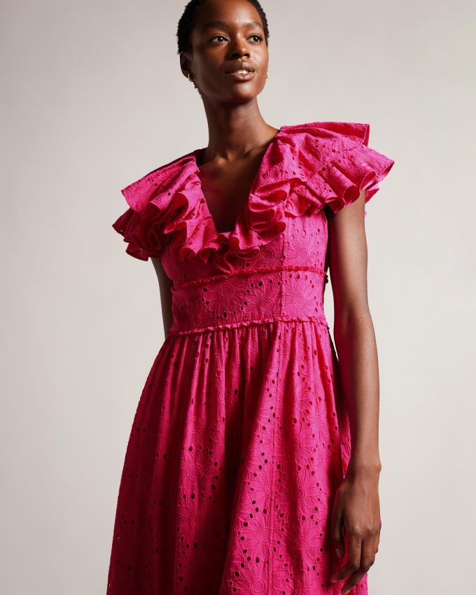 Sukienka Damskie Ted Baker Ruffled V Neck Midi Sundress Głęboka Różowe Polska | PL-XTZLO1034