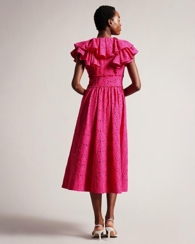 Sukienka Damskie Ted Baker Ruffled V Neck Midi Sundress Głęboka Różowe Polska | PL-XTZLO1034