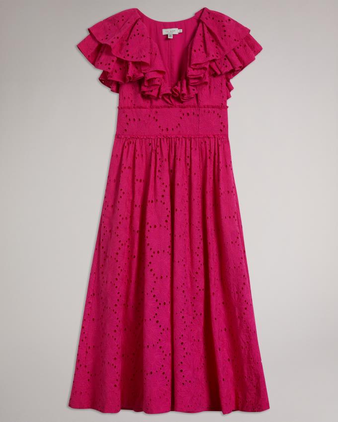 Sukienka Damskie Ted Baker Ruffled V Neck Midi Sundress Głęboka Różowe Polska | PL-XTZLO1034