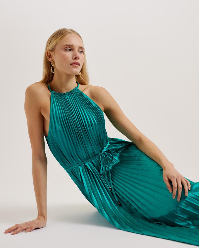 Sukienka Damskie Ted Baker Satin Pleated Halterneck Midi Zielone Polska | PL-TDRUY4853
