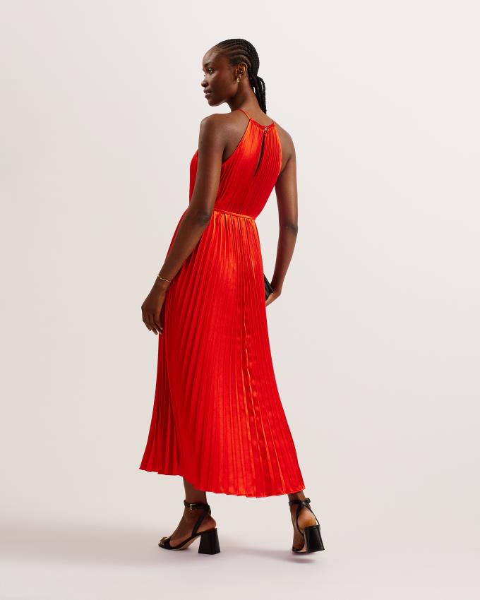 Sukienka Damskie Ted Baker Satin Pleated Halterneck Midi Czerwone Polska | PL-LKAHQ6824