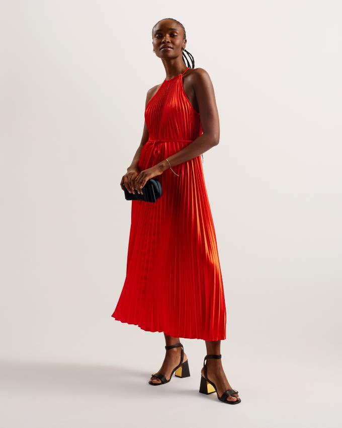 Sukienka Damskie Ted Baker Satin Pleated Halterneck Midi Czerwone Polska | PL-LKAHQ6824