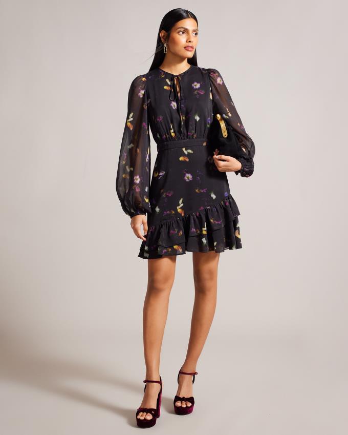 Sukienka Damskie Ted Baker Scattered Floral Ruffled Mini Czarne Polska | PL-QVYPD2015