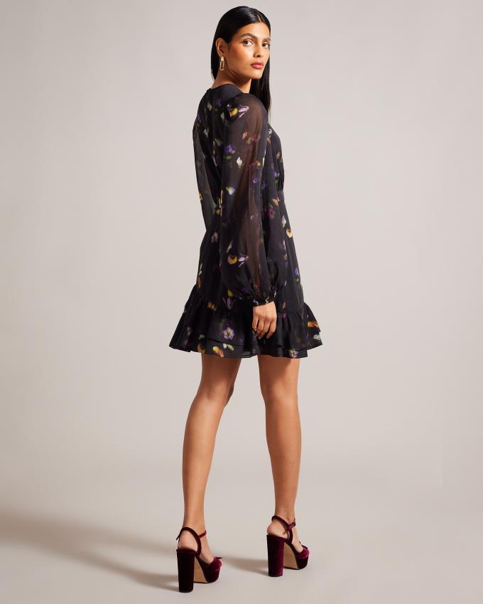 Sukienka Damskie Ted Baker Scattered Floral Ruffled Mini Czarne Polska | PL-QVYPD2015