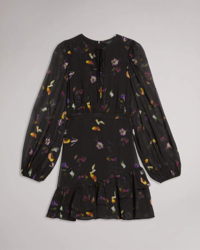 Sukienka Damskie Ted Baker Scattered Floral Ruffled Mini Czarne Polska | PL-QVYPD2015