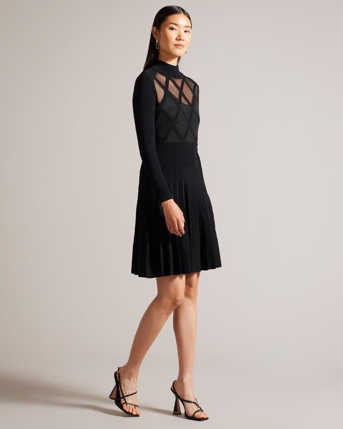 Sukienka Damskie Ted Baker Sheer Argyle Insert Skater Niebieskie Polska | PL-HPFQI4231