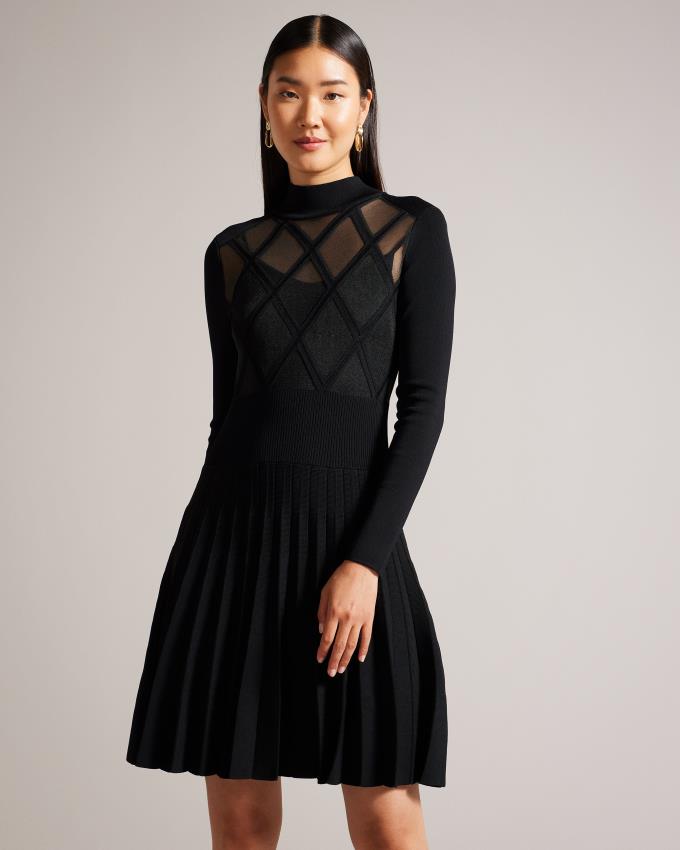 Sukienka Damskie Ted Baker Sheer Argyle Insert Skater Niebieskie Polska | PL-HPFQI4231