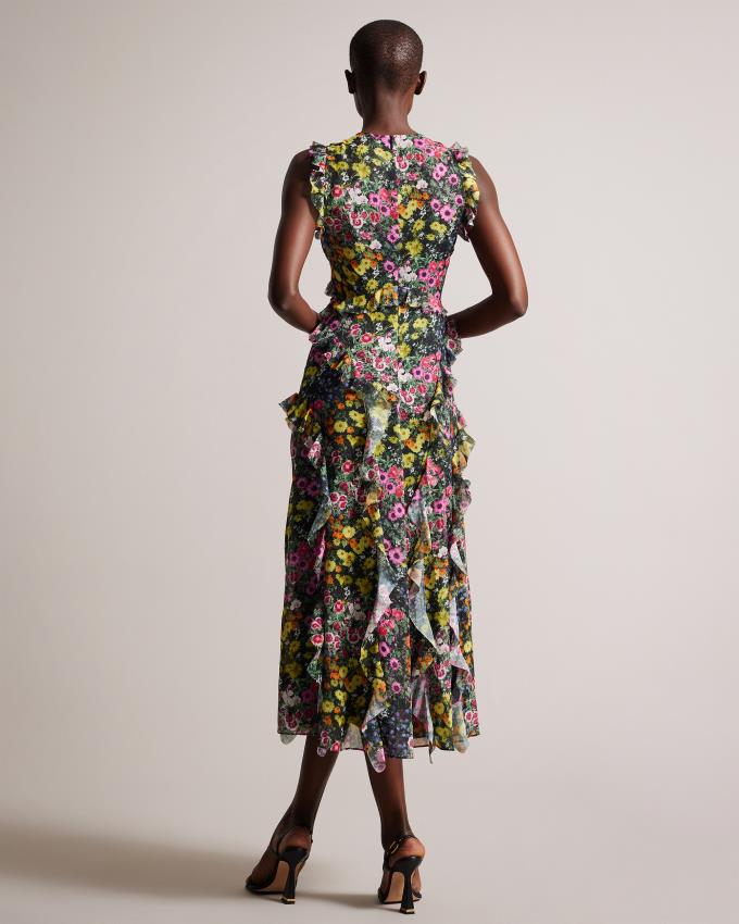 Sukienka Damskie Ted Baker Sleeveless Waterfall Midi Czarne Polska | PL-WNCUL1729