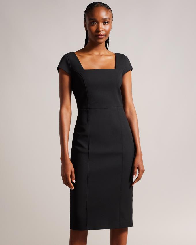 Sukienka Damskie Ted Baker Square Neck Midi Peplum Czarne Polska | PL-ZRLEW6578