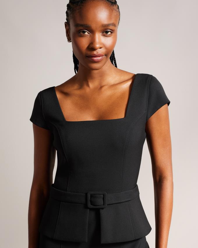 Sukienka Damskie Ted Baker Square Neck Midi Peplum Czarne Polska | PL-ZRLEW6578