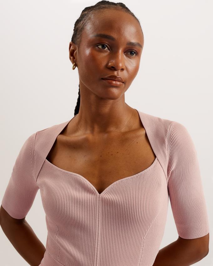 Sukienka Damskie Ted Baker Sweetheart Neckline Knit Midi Różowe Polska | PL-VUYHB6305
