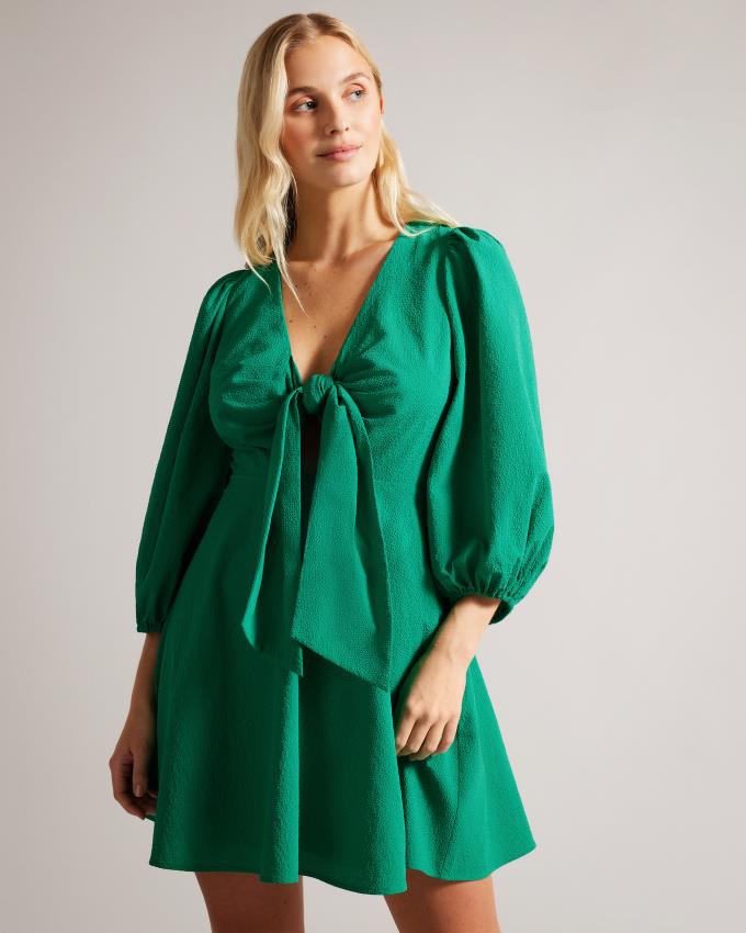 Sukienka Damskie Ted Baker Tie Front Mini With Balloon Sleeve Zielone Polska | PL-APCRG7108