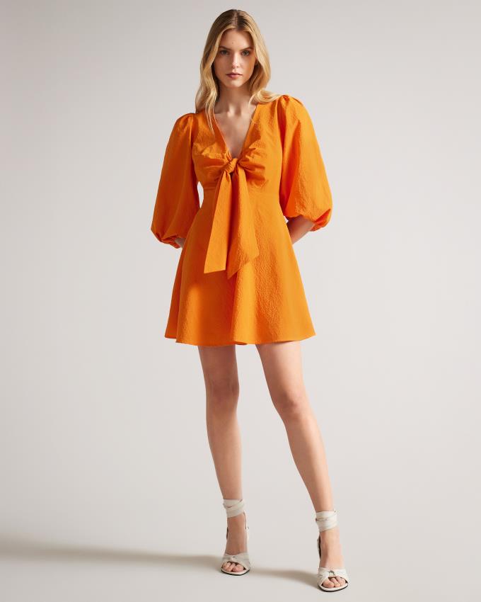 Sukienka Damskie Ted Baker Tie Front Mini With Balloon Sleeve Pomarańczowe Polska | PL-KHALJ7185