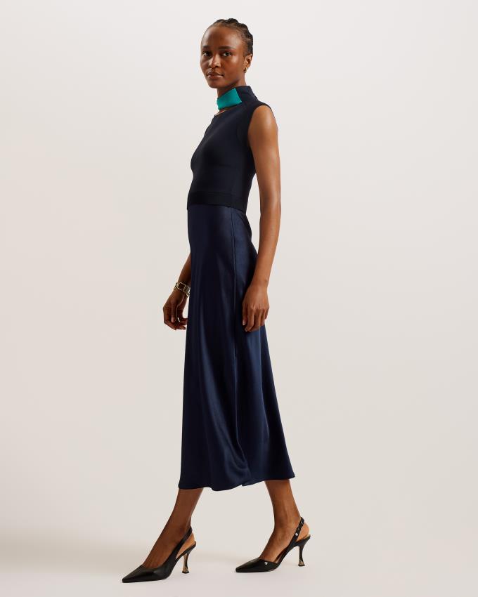 Sukienka Damskie Ted Baker Twist Neck Midi With Satin Granatowe Polska | PL-PYLGK6452