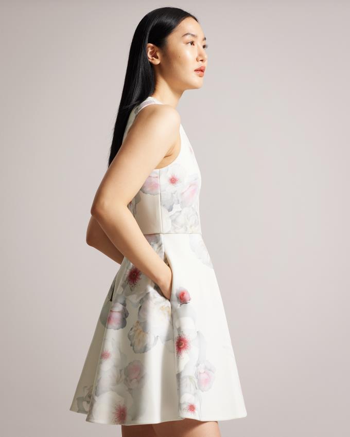 Sukienka Damskie Ted Baker V-Neck Printed Skater Beżowe Polska | PL-MUYWO0623