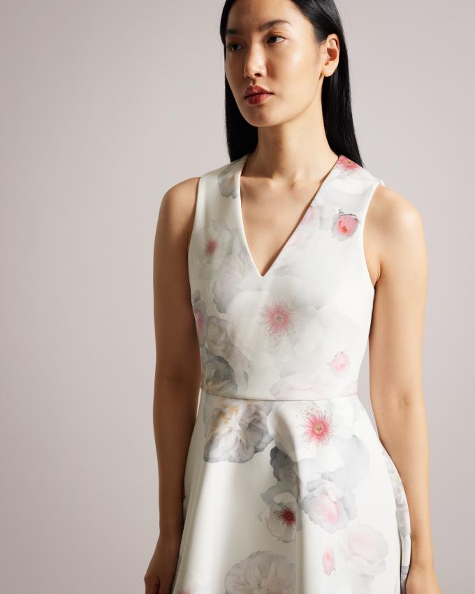 Sukienka Damskie Ted Baker V-Neck Printed Skater Beżowe Polska | PL-MUYWO0623