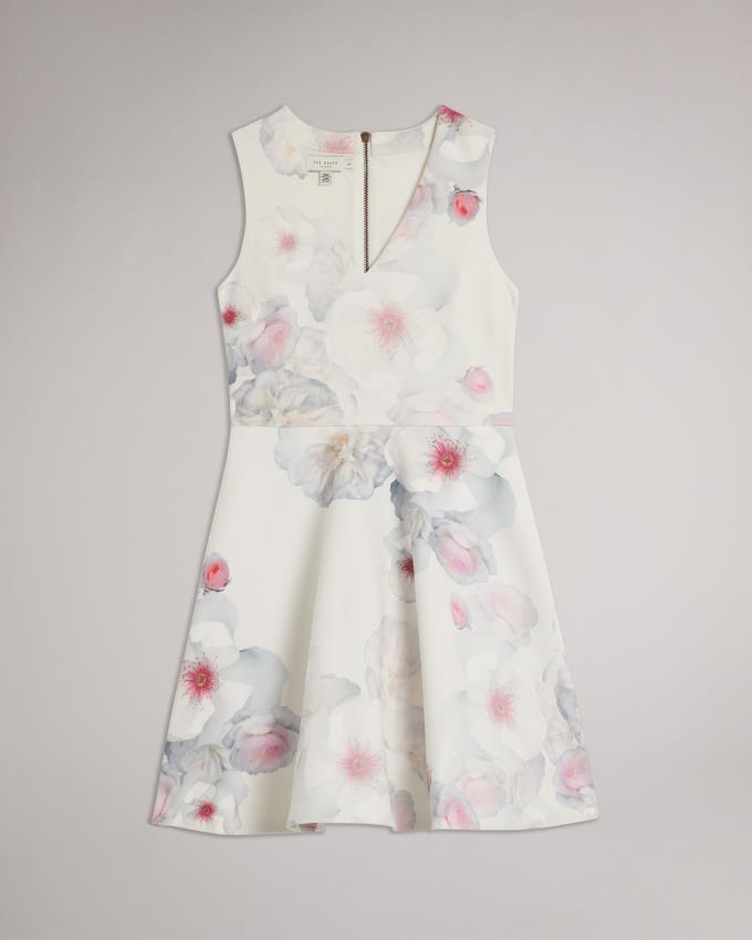 Sukienka Damskie Ted Baker V-Neck Printed Skater Beżowe Polska | PL-MUYWO0623